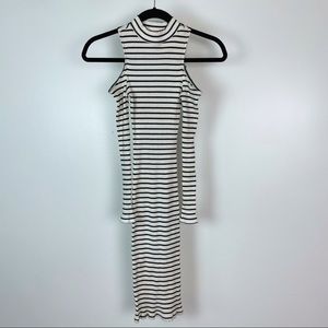 FOREVER 21 White Black Striped Shoulder Cutout Midi Bodycon Dress S